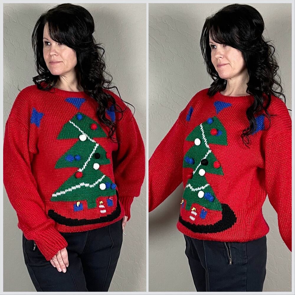 Vintage 1980s Red Christmas Tree 3D Graphic Holiday Sweater - Picture 3 of 8